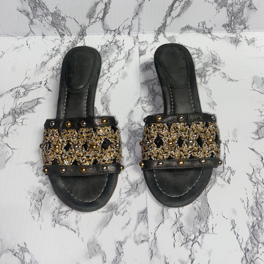 Eric Javits Black Gold Bronze Metallic Crochet Beaded Sandals Women's Size 6